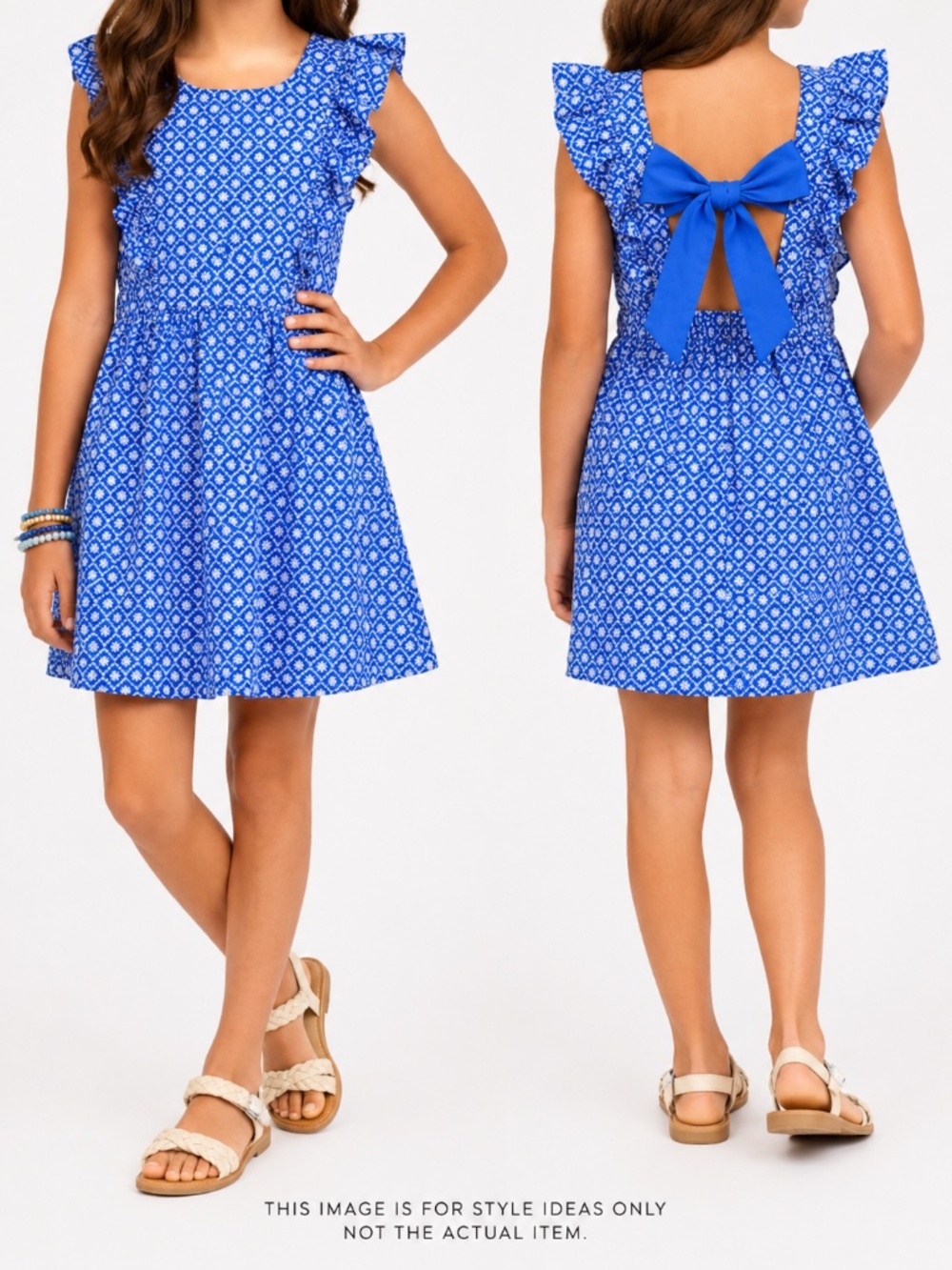 Btween Blue Floral Ruffle Dress Girls Size 8 Open Back Bow Cotton - Picture 2 of 9